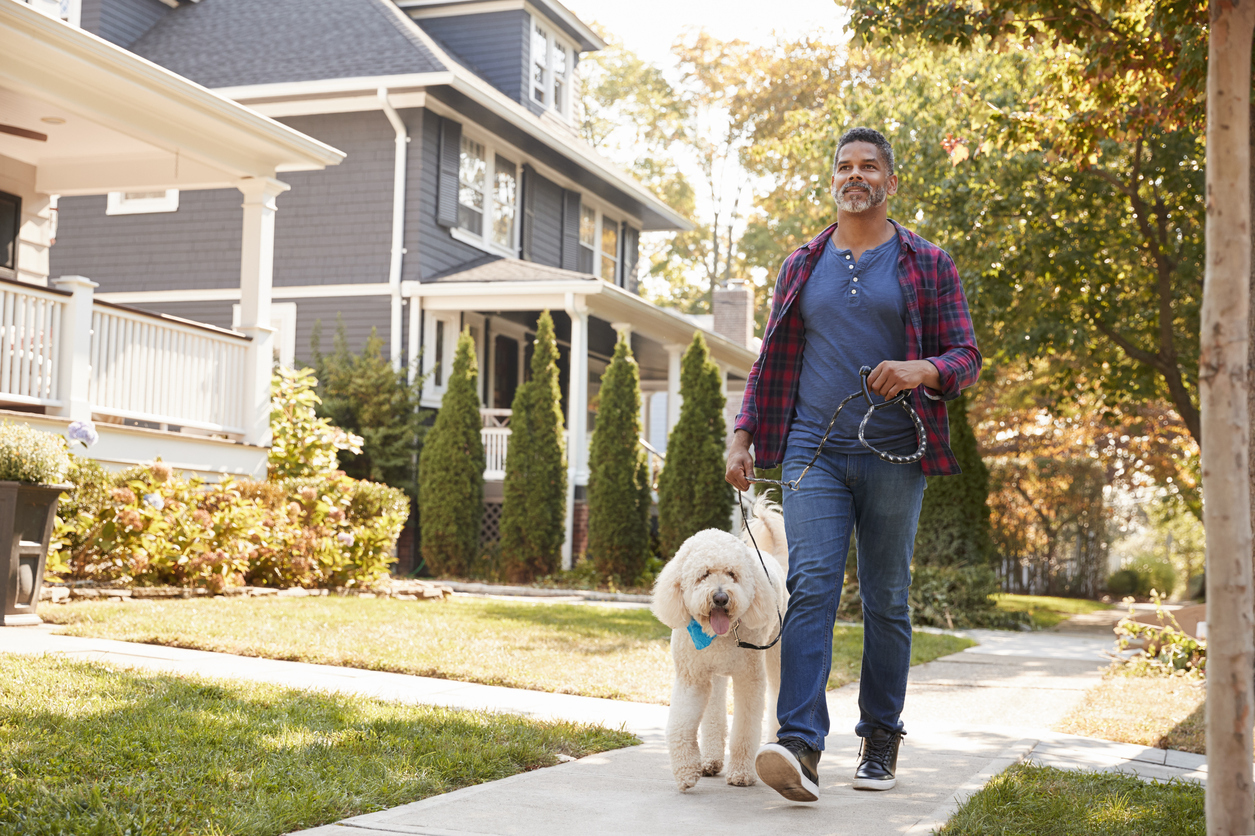 man walking dog on city sidewalk, relationship white lies