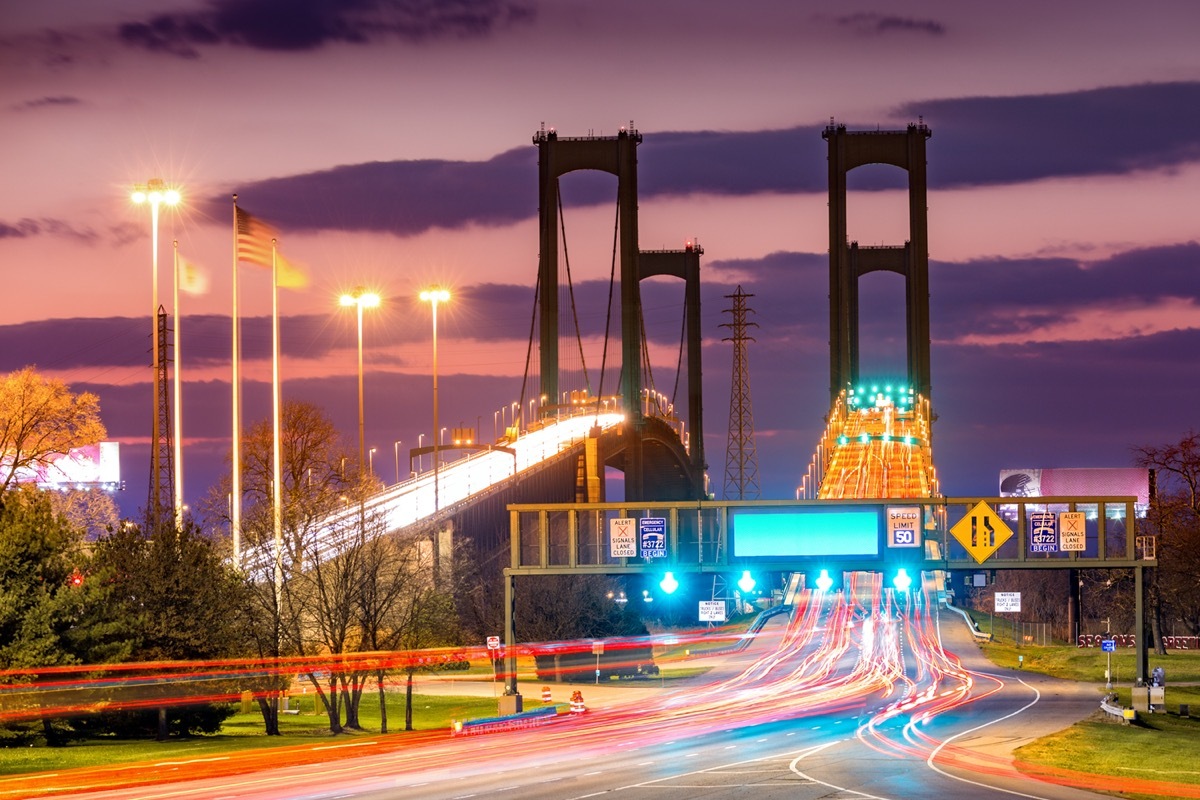 Traffic trails on Delaware Memorial Bridge at dusk