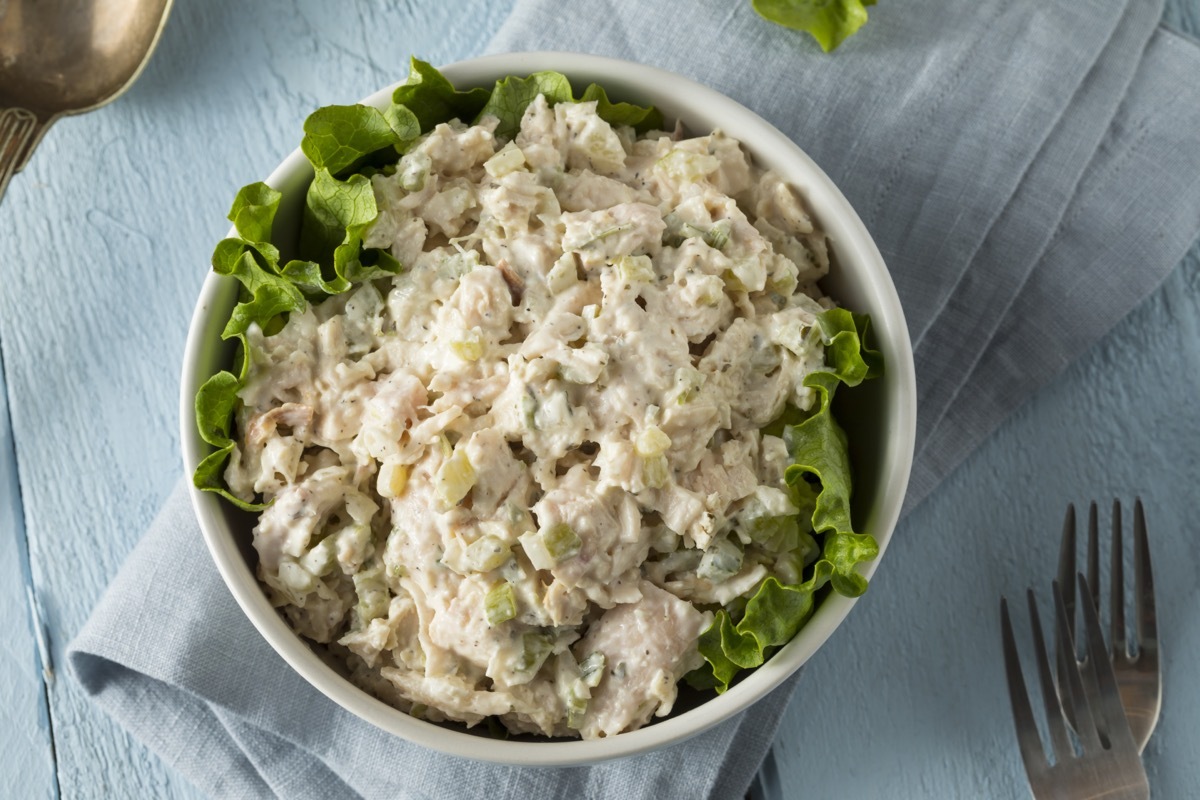 chicken salad in white bowl