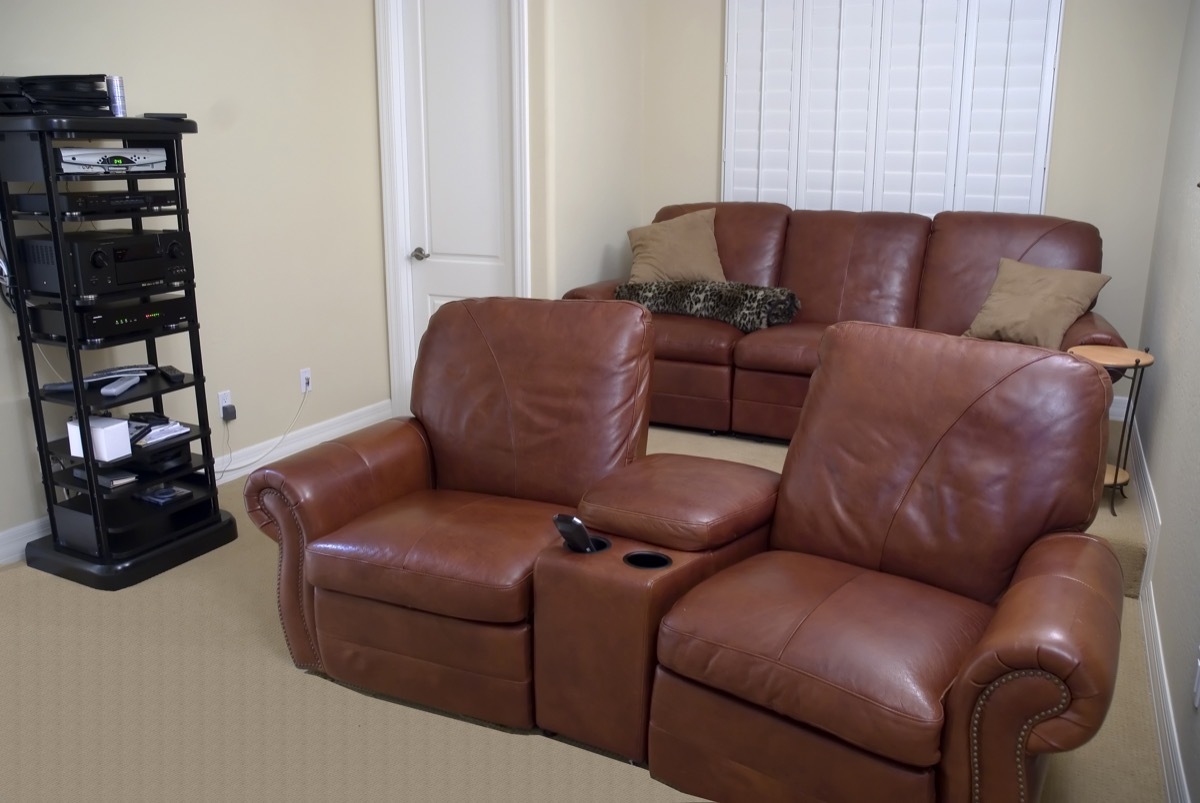 two-seat burgundy recliners with cup holders