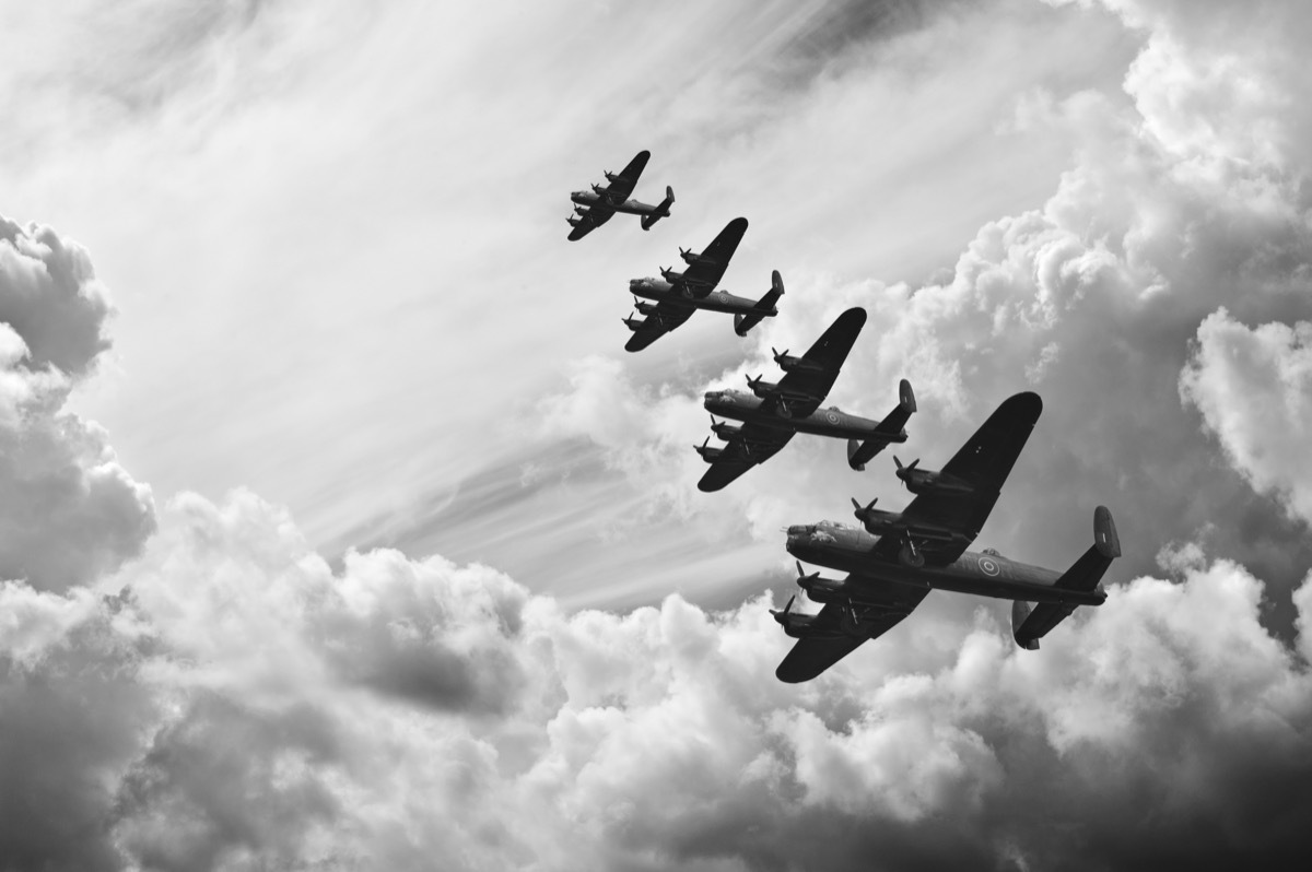 Black and white retro image of Lancaster bombers from Battle of Britain in World War Two