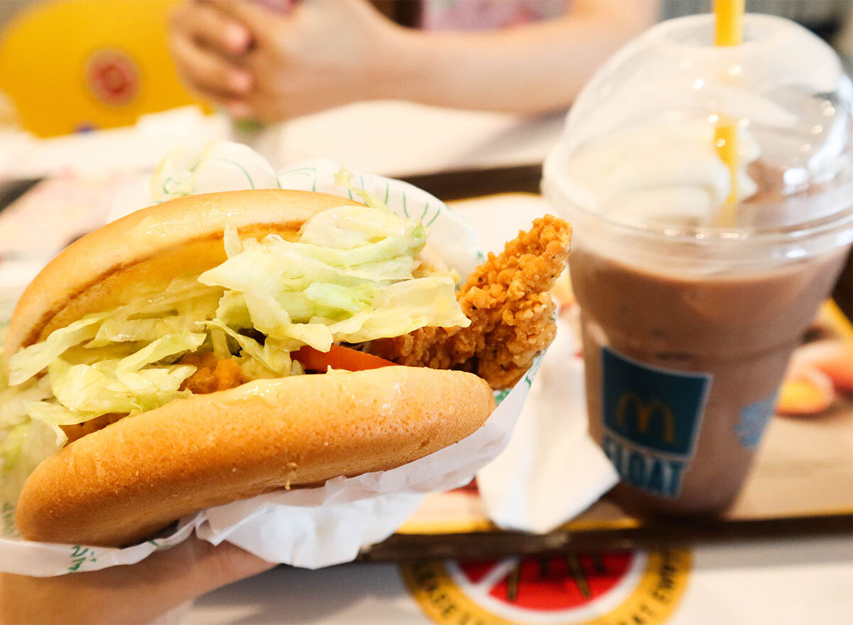 mcdonalds milkshake mcfloat with chicken sandwich on tray