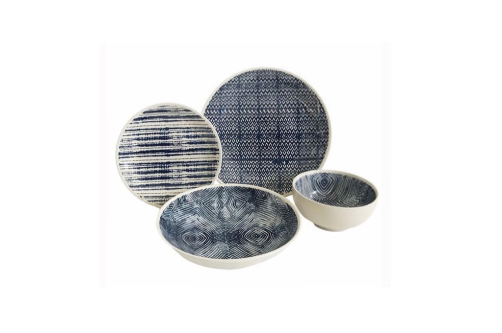 A dining set with dark blue designs