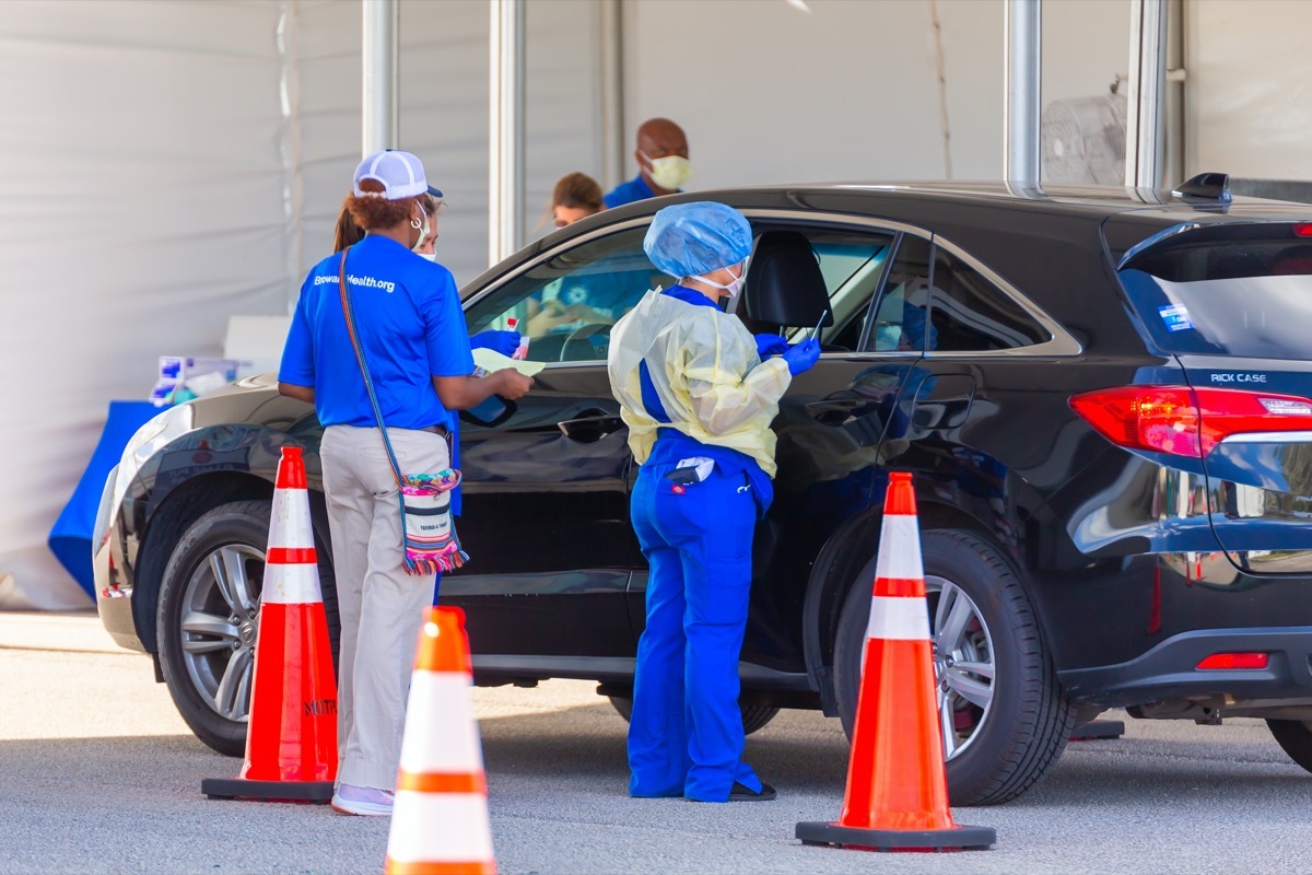 Pompano Beach Coronavirus (COVID-19) Drive-thru testing spot. Broward Health staff testing (pre screening) people on COVID-19