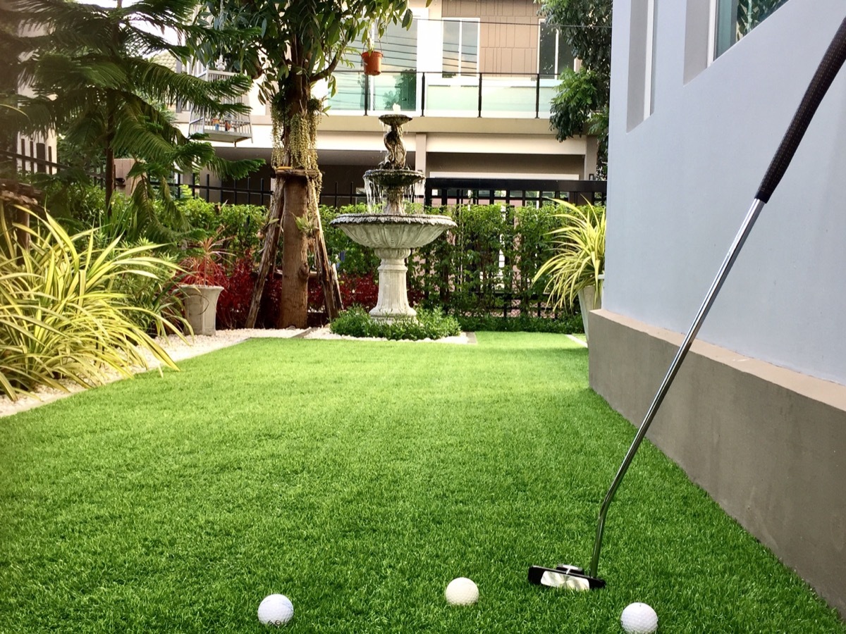 Golfing in backyard green