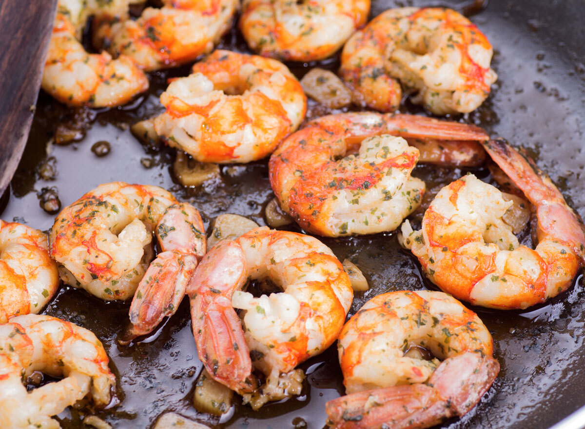 Seared garlic shrimp in pan